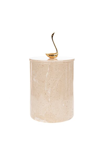 MIARIK DESIGN & DEKORASYON Dekoratif Bej Mermer Çöp Kovası Gold Kuğu Kuş Detayl