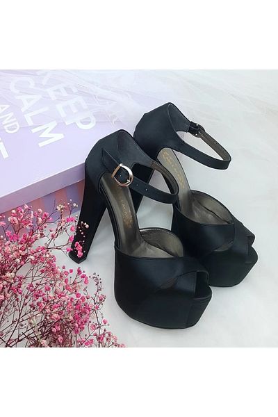 ASLIACAR 15 Cm High Heeled Black Satin Women's Evening Dress Shoes Aslı Acar