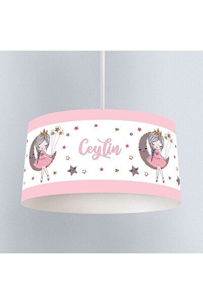 instababyrooms Beyaz Elbiseli Kız Ve Ay Desenli Isimli Çocuk Odası Dijital Baskılı Sarkıt Avize