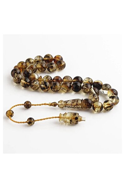 TAKI925 Sistemli Dizili Fosilli Sertifikalı Doğal Damla Kehribar Tesbih