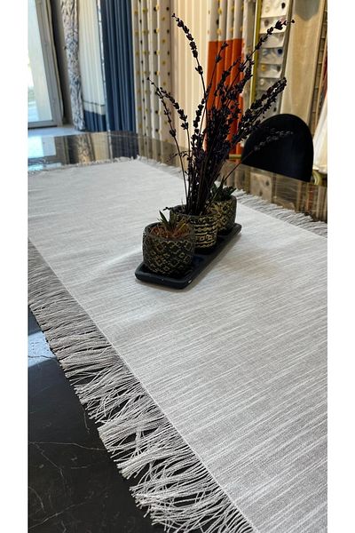 ARIKAN HOME Gray Striped Linen Runner with Tassels