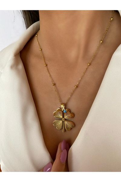 X-Lady Accessories Gold Color 4 Leaf Clover Long Barley Necklace - 2170