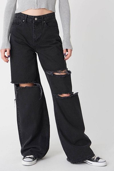 Trn JNS Blugi din denim negru din lycra largi Serafima anii 90 cu talie super înaltă