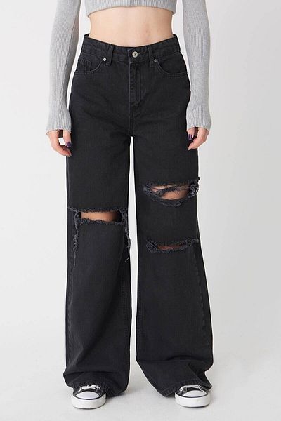 Trn JNS Blugi din denim negru din lycra largi Serafima anii 90 cu talie super înaltă