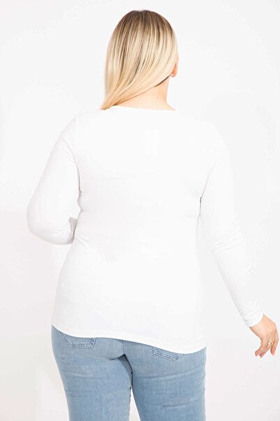 Şans Жіноча великого розміру біла блуза з паєтками та принтом, довгі рукави, еластична тканина 65n35459