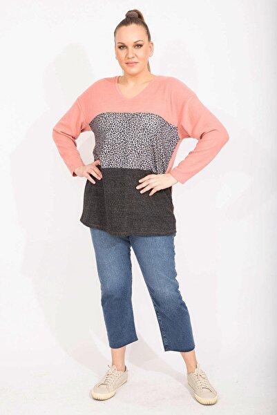 Şans Women's Large Size Colorful Comfortable Cut Soft Fabric Color and Pattern Combination Sweatshirt 65n35489