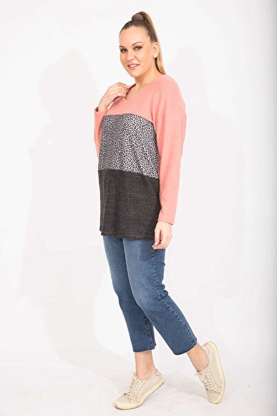 Şans Women's Large Size Colorful Comfortable Cut Soft Fabric Color and Pattern Combination Sweatshirt 65n35489