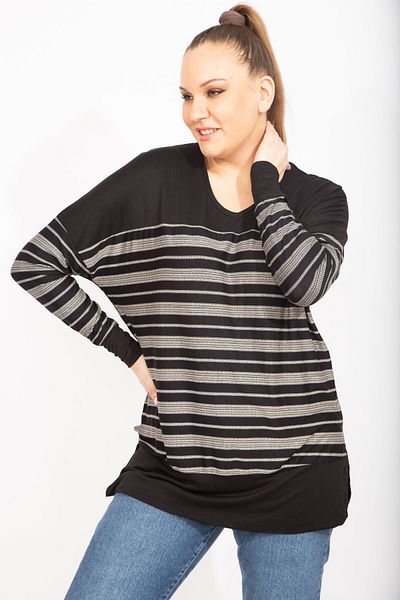Şans Women's Large Size Black Stripe Patterned V-Neck Viscose Tunic 65n35484