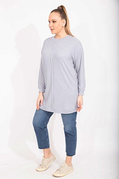 Şans Жіноча велика розмірна сіра кашемірова тканина з переднім швом, довга туніка 65n35498