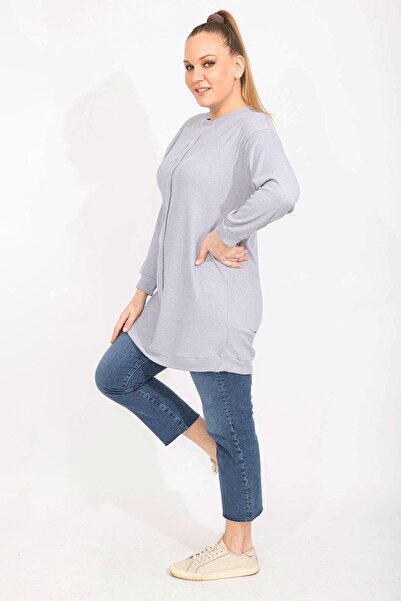 Şans Жіноча велика розмірна сіра кашемірова тканина з переднім швом, довга туніка 65n35498