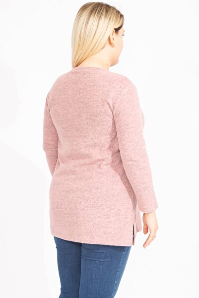 Şans Women's Large Size Salmon Wool Viscose Fabric Applique and Side Slit Detailed Tunic 65n35449