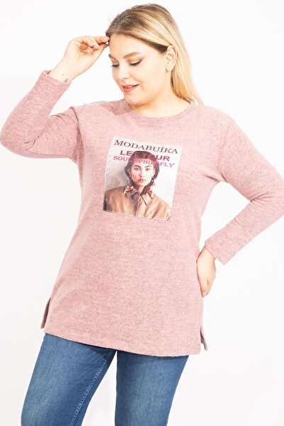 Şans Women's Large Size Salmon Wool Viscose Fabric Applique and Side Slit Detailed Tunic 65n35449