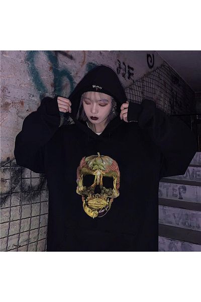 Touz Moda Unisex Μαύρο φούτερ με κουκούλα Oversize - Dompuleri Fashion Veggie Skull Hoodie