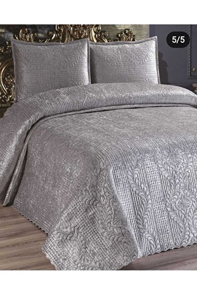 Kadınca Dükkan Tek Kişilik Velür Kadife Yatak Örtüsü Takımı Gri