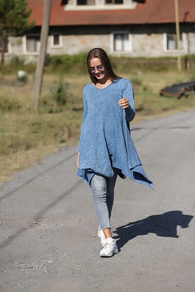 Sosyete Kaplumbağa Otantik Bohem %100 Pamuk Balon Kesim Büyük Beden Asimetrik...