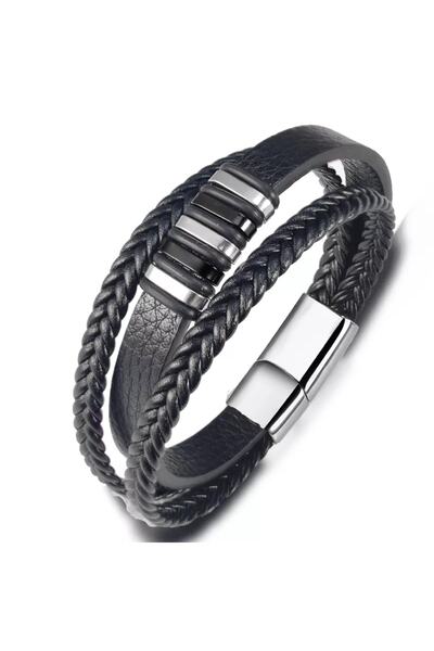 REGGENTE Krom Siyah Hakiki Deri Bileklik