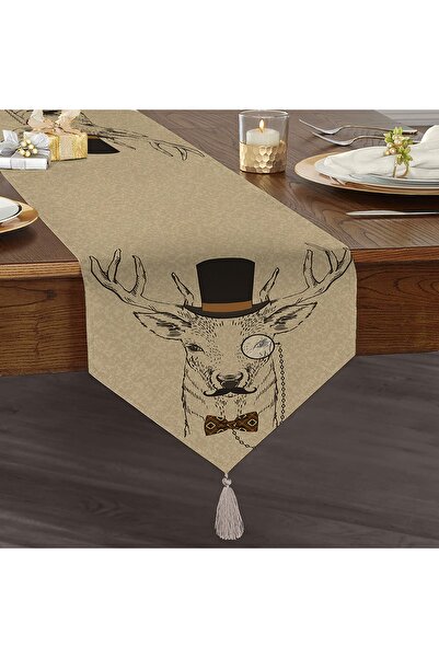 Sister Home Design Bej Geyik Desenli Üçgen Püsküllü Ranır - Runner