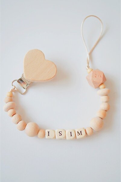 O&G Collection S Kalp Bebek Hediyelik Doğal Ahşap Emzik Zinciri Emzik Askısı