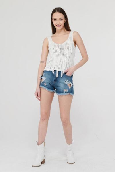 MİSS MİLLİON Püskül Detaylı Beyaz Crop Atlet