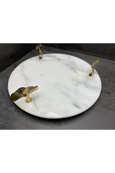 Modestmar Natural Calacatta Round Marble Presentation Tray Ginkgo Detailed Serving Gold Ball Stand