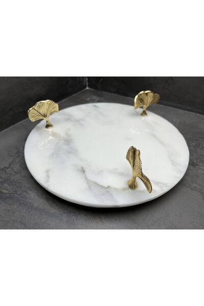 Modestmar Natural Calacatta Round Marble Presentation Tray Ginkgo Detailed Serving Gold Ball Stand