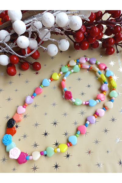 İPAR AKSESUAR Heart - Rose Figured Children's Necklace Bracelet Set.