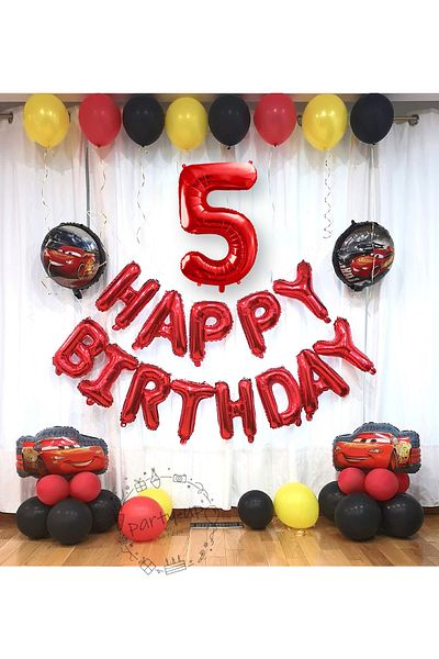 PARTİAVM Lightning Mcqueen Theme Cars Cars Red Happy Birthday Balloon Set with 5 Figures Balloons