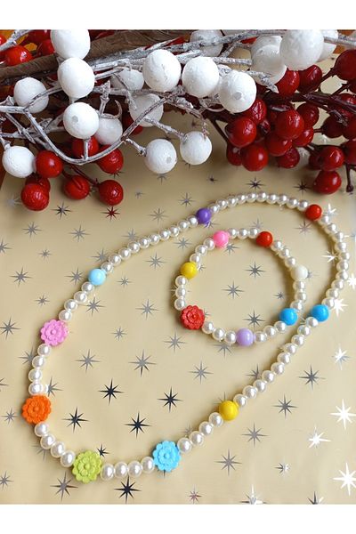 İPAR AKSESUAR Cream Pearl - Flower Figured Children's Necklace Bracelet Set.