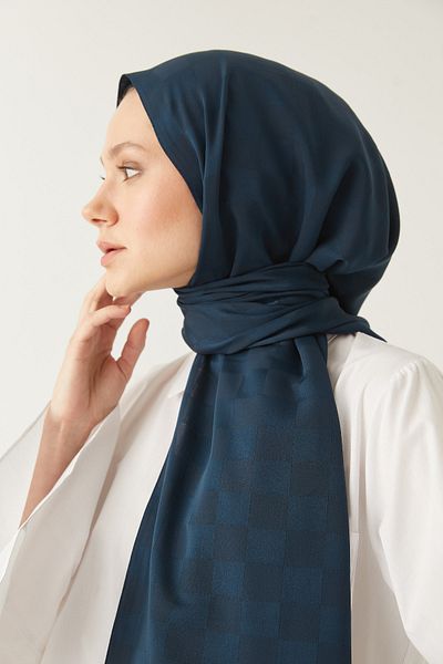FRESCO SCARFS Γυναικείο σάλι Hijab Μεταξένιο βαμβακερό ζακάρ σκακιέρα*σκούρο μπλε