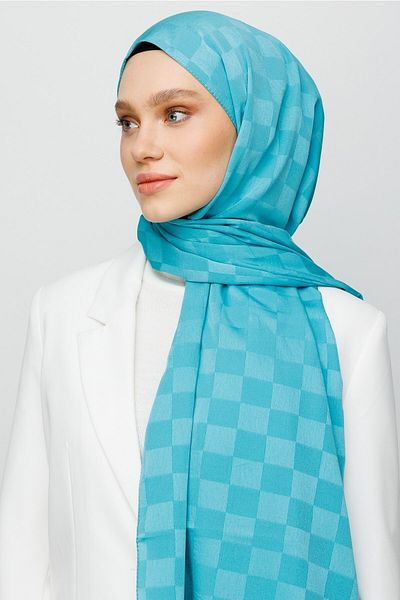 FRESCO SCARFS Γυναικείο σάλι Hijab Μεταξένιο βαμβακερό ζακάρ σκακιέρα*τιρκουάζ