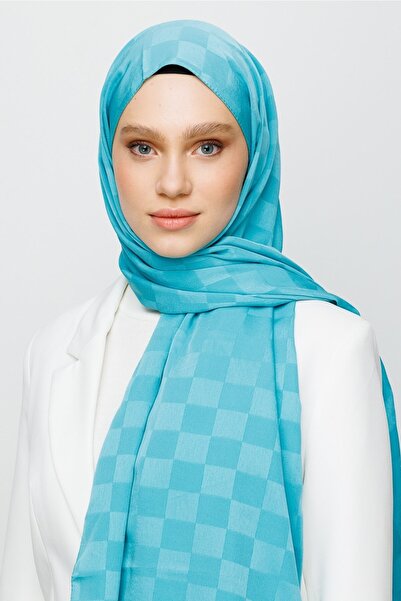 FRESCO SCARFS Women's Hijab Silky Cotton Jacquard Checkerboard Pattern Shawl*turquoise