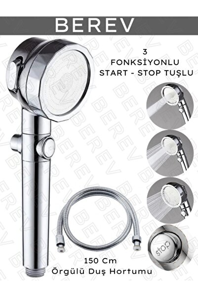 Berev Duş Başlığı Krom3 Sprey Ayarı Açık/kapalı Durak Anahtarı Duş Spiral Hor...