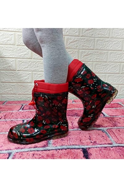 Çağrı حذاء مطر بناتي من الصوف باللون الأسود والأحمر مزين بالزهور