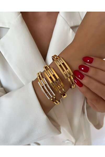 BELFEMCOLLECTİON Çelik Kaburga Kelepçe Taşsız Gold Bileklik