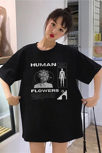 Touz Niiss Boutique - Μαύρο μπλουζάκι Unisex Oversize Human Flowers