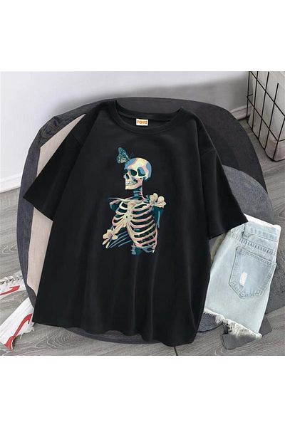 Touz Satu Moda & Skull Butterfly Black Unisex Oversize T-shirt