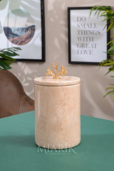 Genel Markalar Dekoratif Bej Mermer Çöp Kovası Gold Mercan Detaylı