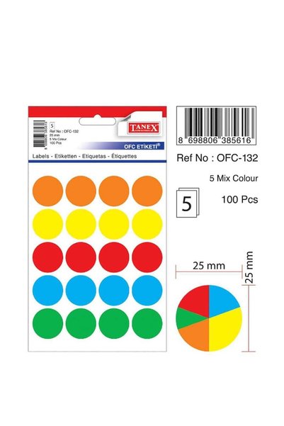 Tanex Ofc-132 Çıkartma Etiket 25x25 Mm 5'li Paket 100 Adet Renkli Yuvarlak Et...