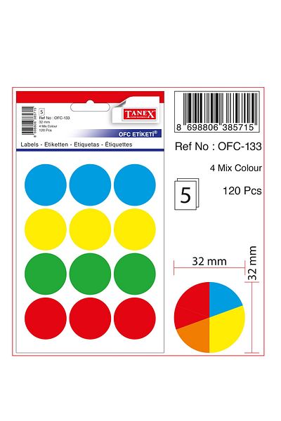 Tanex Ofc-133 Sticker Label 32x32 Mm 5 Pack 60 Colored Round Labels