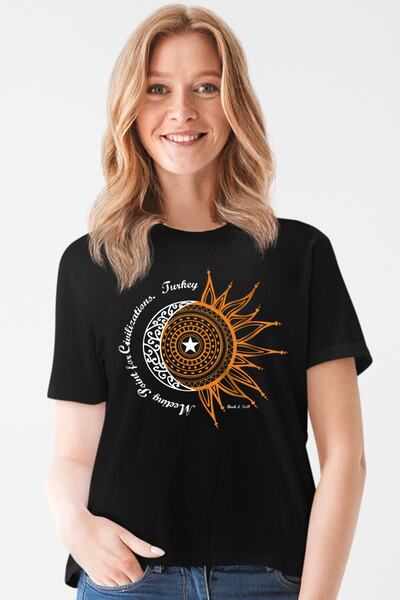 ROCKANDROLL Ženska crna majica sa polumjesecom i zvezdom, kratki rukav T-shirt