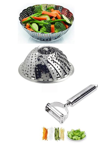 QNİAY Stainless Steel Julienne Peeler + Foldable Steaming Vegetable Boiling Cooking Apparatus (Set of 2)