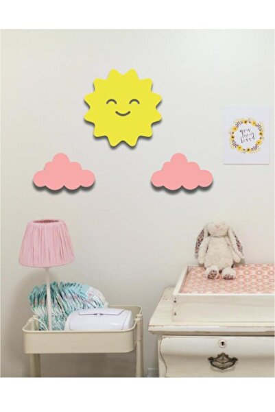 AVMmarketim Güneş + 2 Pembe Bulut Duvar Süsü Çocuk Odası Bebek Odası Duvar Sü...