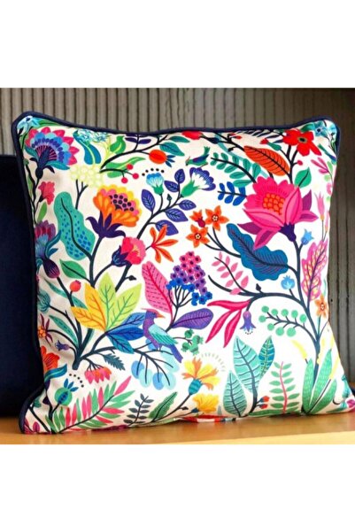 Fabricland Imported Silk Velvet Vivid Floral Pattern Navy Blue Throw Pillow Cover (DOUBLE SIDED PATTERN)