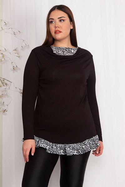Şans Women's Large Size Black Leopard Garnished Collar Detailed Viscose Blouse 65n22483