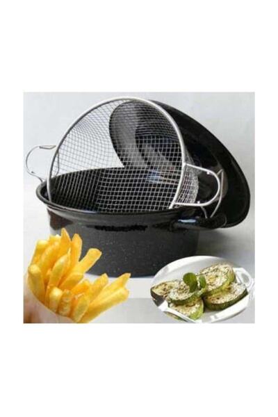 SimEvMutfak Emaye Kapaklı Tel Süzgeçli Kızartma Tenceresi Fritöz