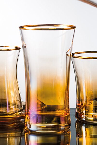 KCD Soprano Sarı Kesme El Dekor Yaldızlı 6 Adet Desenli Su Ve Meşrubat Bardak...