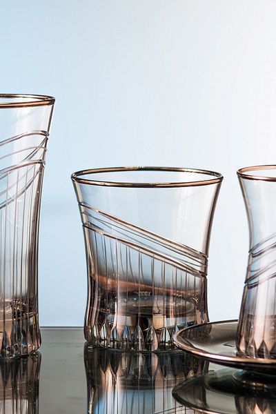KCD Seremoni Smoked Cut Hand Decor Gilded 6 Pieces Patterned Water Glass Set