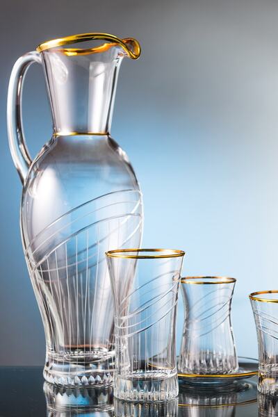 KCD Seremoni Altın Kesme El Dekor Yaldızlı Desenli Cam Karaf Sürahi