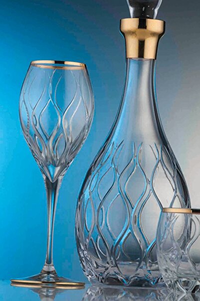 KCD Kilim Altın Kesme El Dekor Yaldızlı Desenli Cam 6 Adet Ayaklı Bardak Kadeh