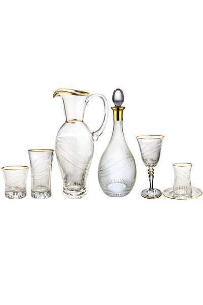 KCD Seremoni Gold 61 Piece Glass Tableware Presentation Dowry Set Water Cup Set Cutting Hand Decor
